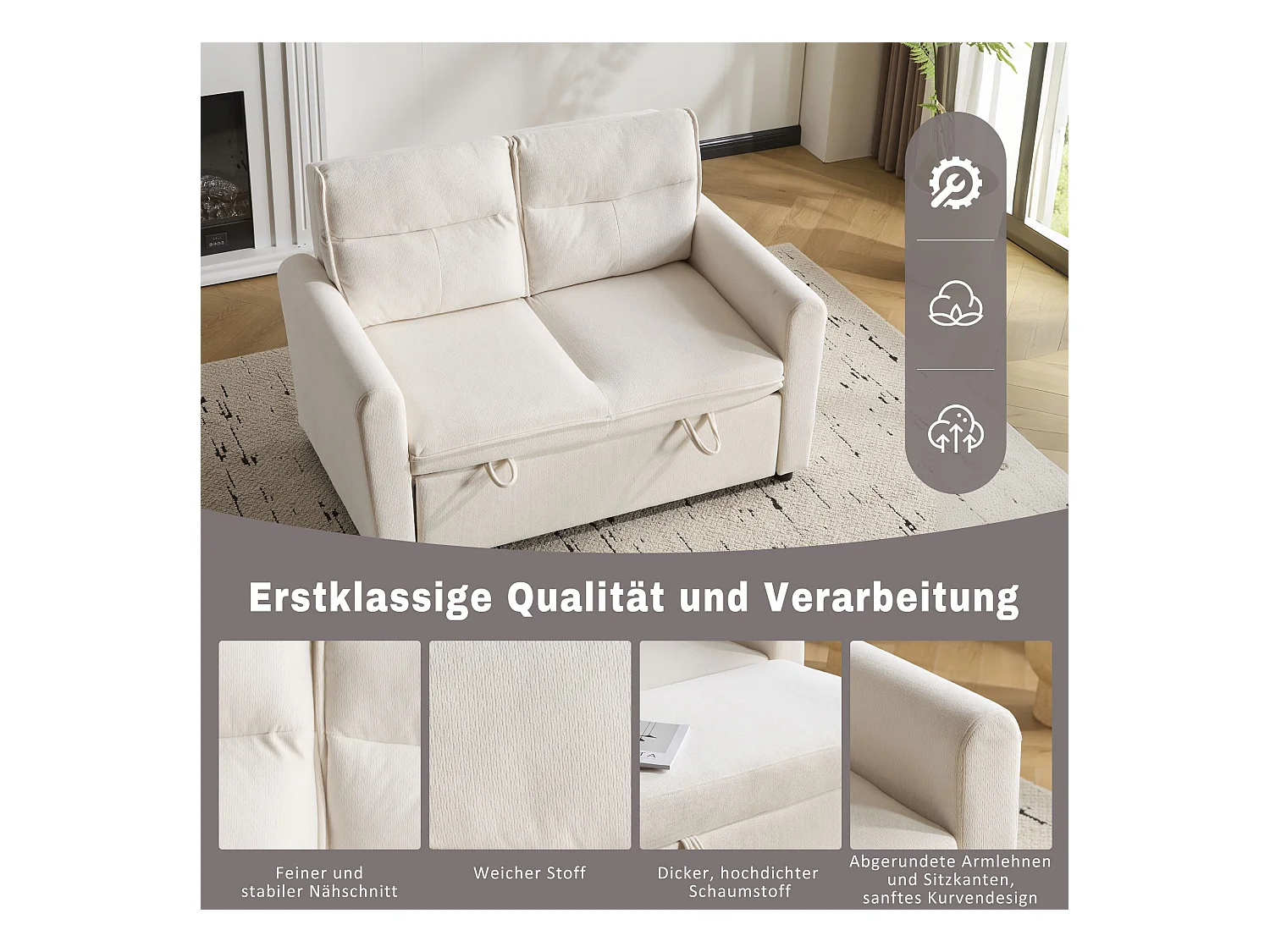 Canapé 2 places - 127 x 90 x 87 cm - Canapé-lit gigogne + Dossier réglable + coussins - velours - beige