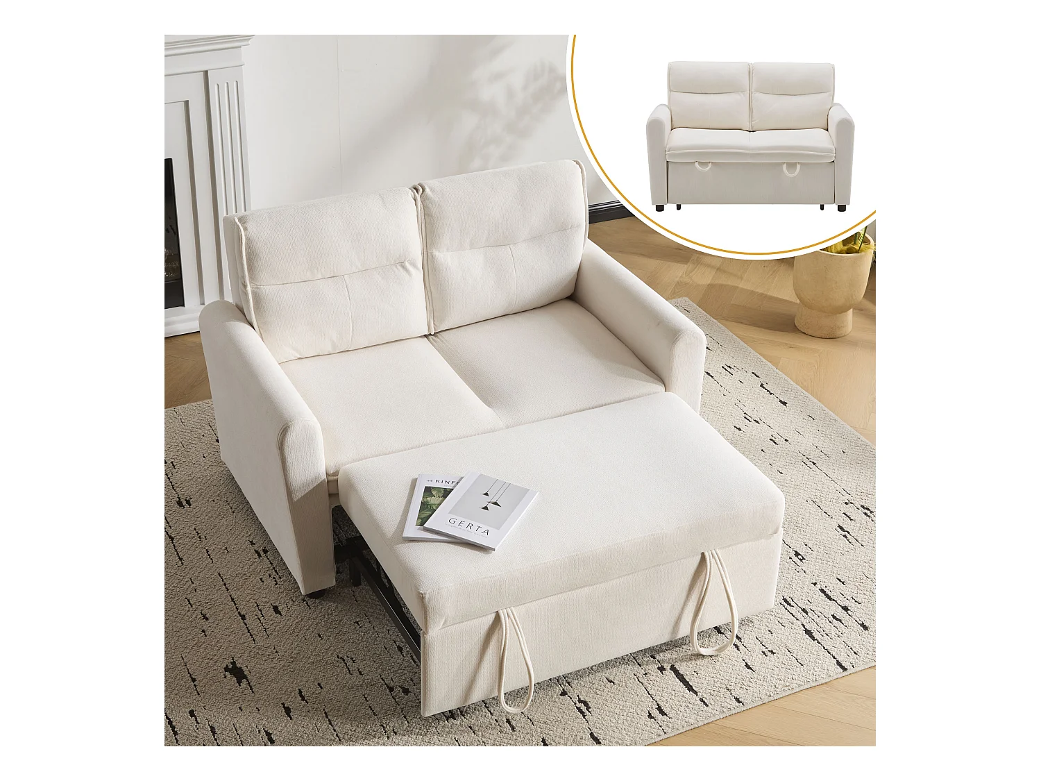 Canapé 2 places - 127 x 90 x 87 cm - Canapé-lit gigogne + Dossier réglable + coussins - velours - beige