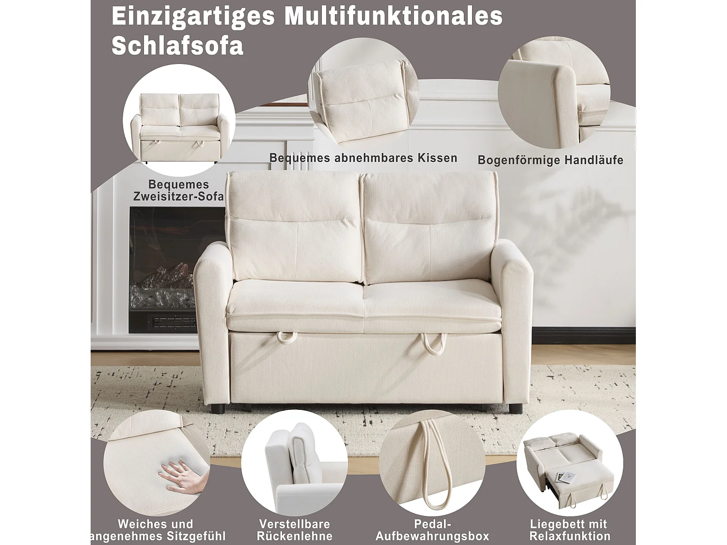 Canapé 2 places - 127 x 90 x 87 cm - Canapé-lit gigogne + Dossier réglable + coussins - velours - beige