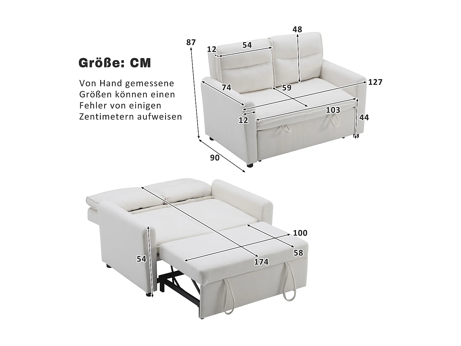 Canapé 2 places - 127 x 90 x 87 cm - Canapé-lit gigogne + Dossier réglable + coussins - velours - beige