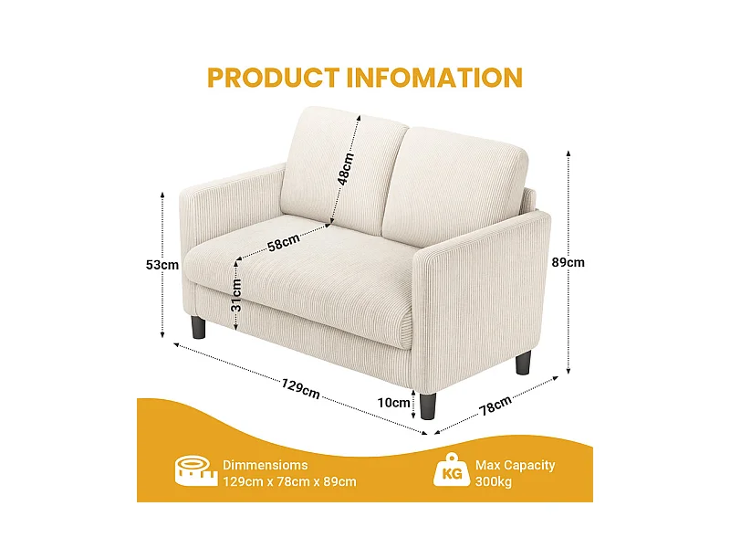 Canapé 2 places confort en velours côtelé Beige - 58cm assise profonde - charge max 300kg - 129x78x89cm