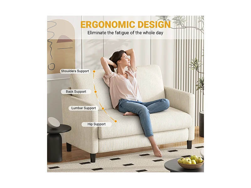 Canapé 2 places confort en velours côtelé Beige - 58cm assise profonde - charge max 300kg - 129x78x89cm