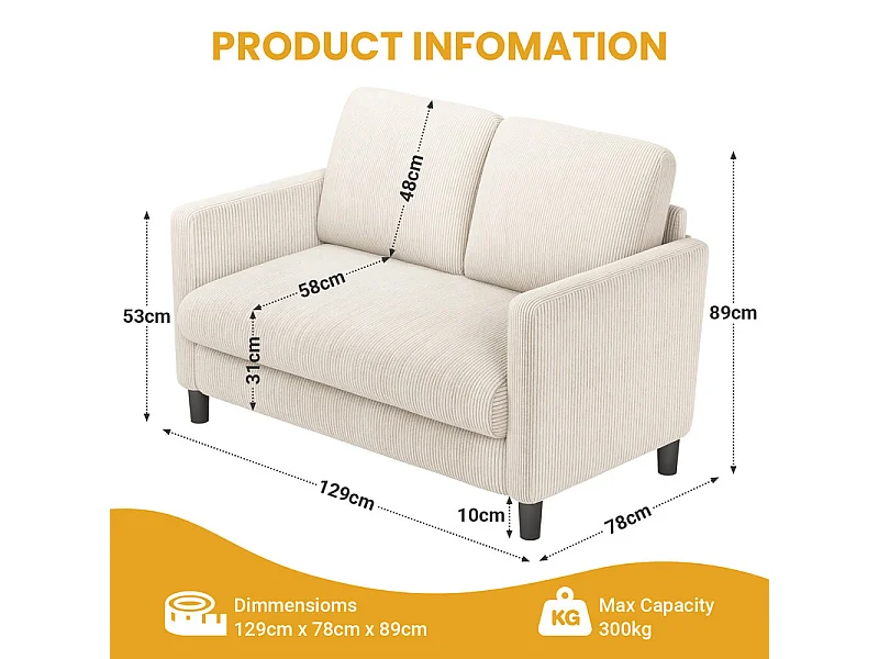 Canapé 2 places confort en velours côtelé Beige - 58cm assise profonde - charge max 300kg - 129x78x89cm