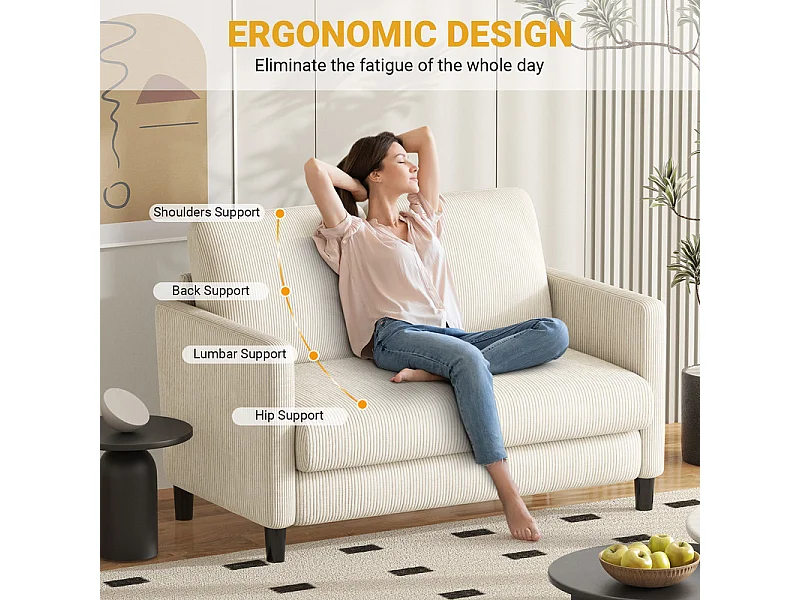 Canapé 2 places confort en velours côtelé Beige - 58cm assise profonde - charge max 300kg - 129x78x89cm