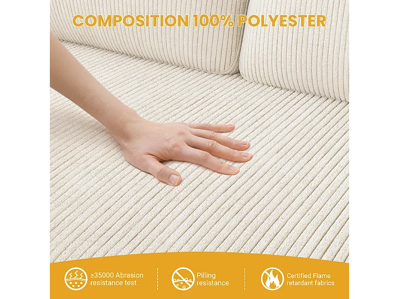 Canapé 2 places confort en velours côtelé Beige - 58cm assise profonde - charge max 300kg - 129x78x89cm