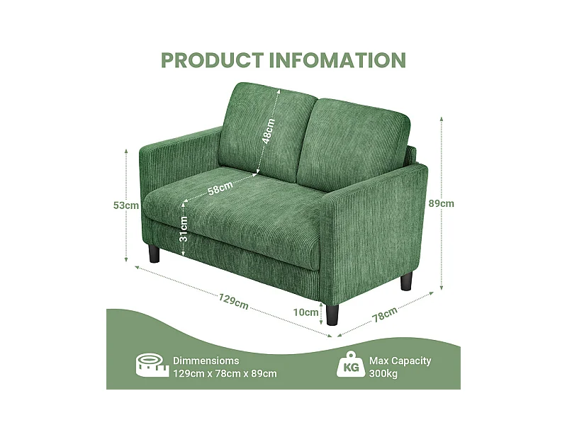Divano a 2 posti comodo in velluto costato Verde - seduta profonda 58cm - carico max 300kg - 129x78x89cm