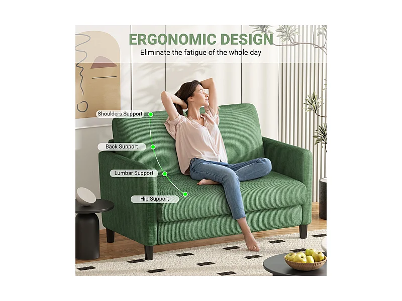 Divano a 2 posti comodo in velluto costato Verde - seduta profonda 58cm - carico max 300kg - 129x78x89cm