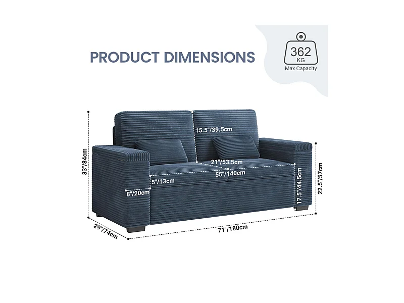 Gerades 2-Sitzer Sofa in Rippensamt Blau - mit Stauraum-Armlehnen - 180x74x84cm