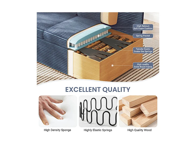 Gerades 2-Sitzer Sofa in Rippensamt Blau - mit Stauraum-Armlehnen - 180x74x84cm