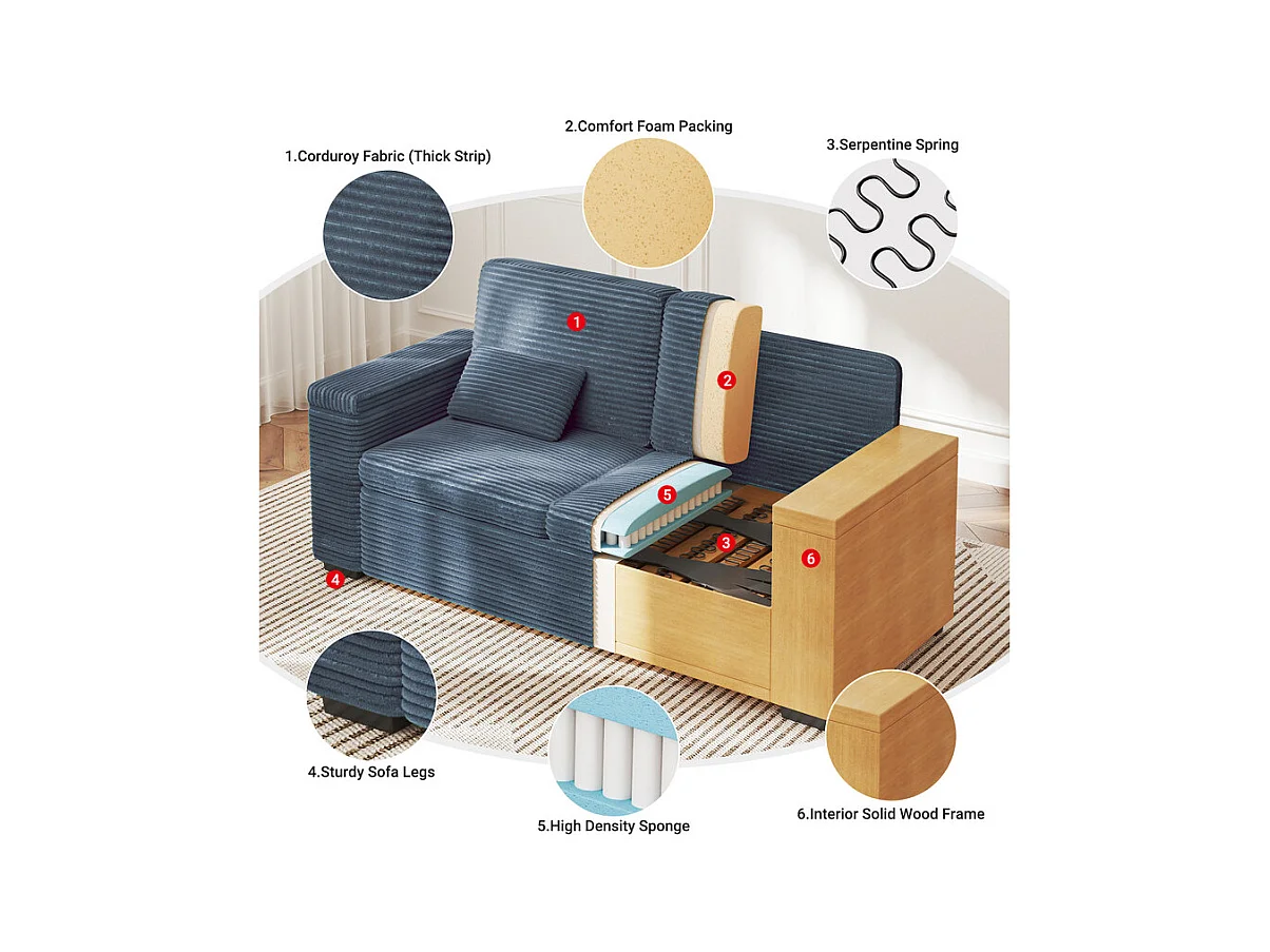 Gerades 2-Sitzer Sofa in Rippensamt Blau - mit Stauraum-Armlehnen - 180x74x84cm