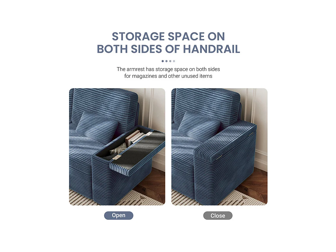 Gerades 2-Sitzer Sofa in Rippensamt Blau - mit Stauraum-Armlehnen - 180x74x84cm