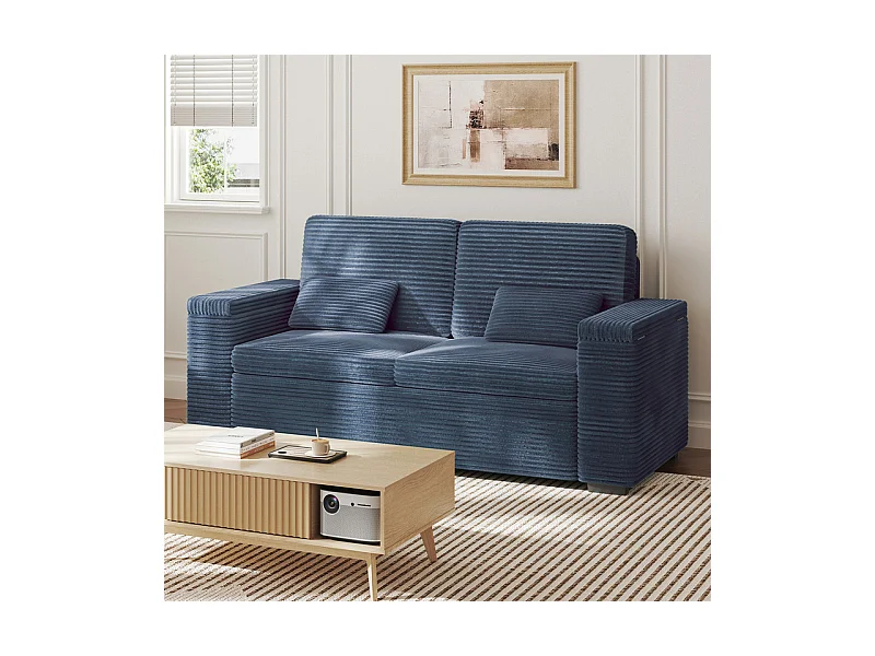 Canapé droit 2 places en Velours Côtelé Bleu - avec accoudoirs de rangement - 180x74x84cm