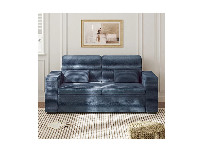 Canapé droit 2 places en Velours Côtelé Bleu - avec accoudoirs de rangement - 180x74x84cm