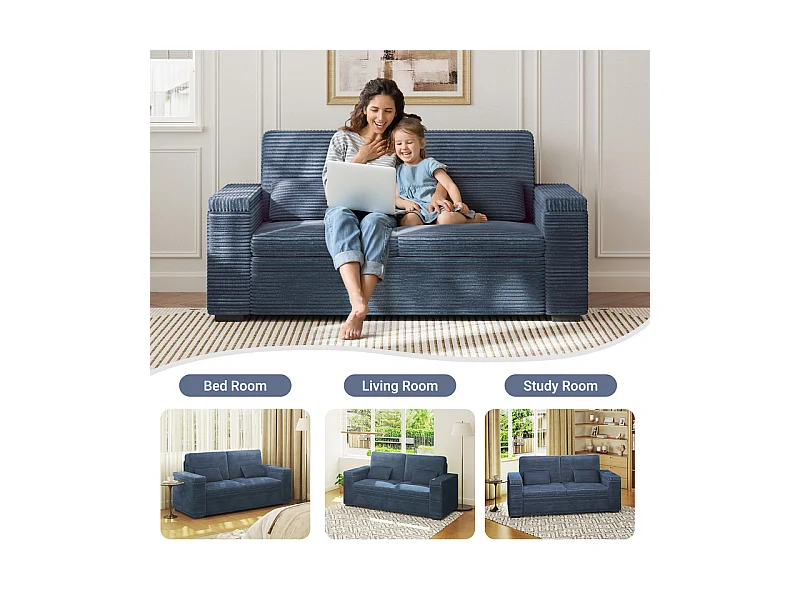 Canapé droit 2 places en Velours Côtelé Bleu - avec accoudoirs de rangement - 180x74x84cm