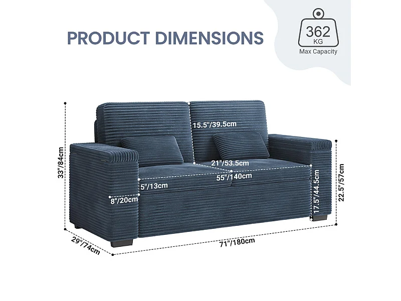 Canapé droit 2 places en Velours Côtelé Bleu - avec accoudoirs de rangement - 180x74x84cm