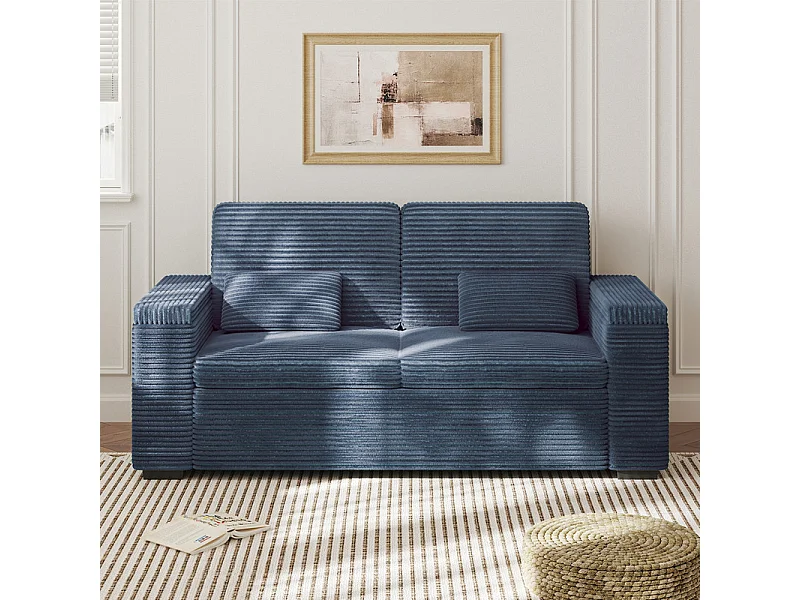 Canapé droit 2 places en Velours Côtelé Bleu - avec accoudoirs de rangement - 180x74x84cm