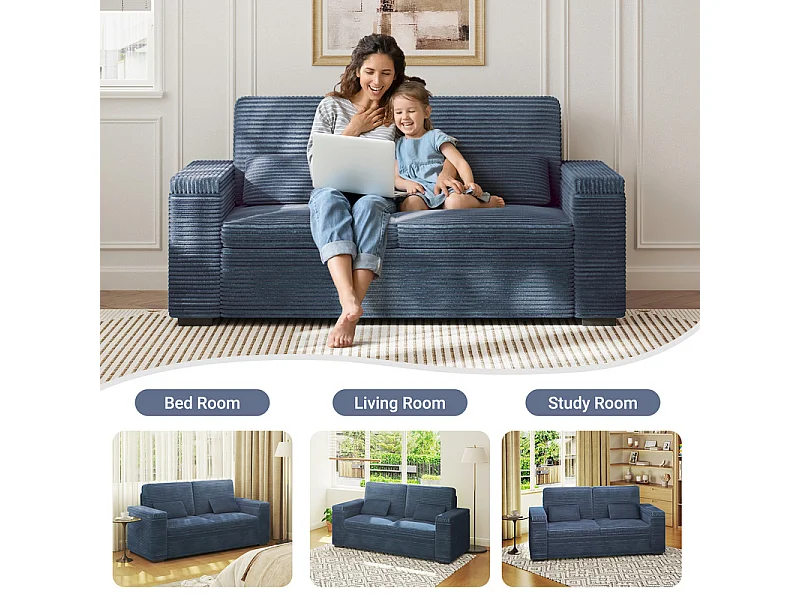 Canapé droit 2 places en Velours Côtelé Bleu - avec accoudoirs de rangement - 180x74x84cm