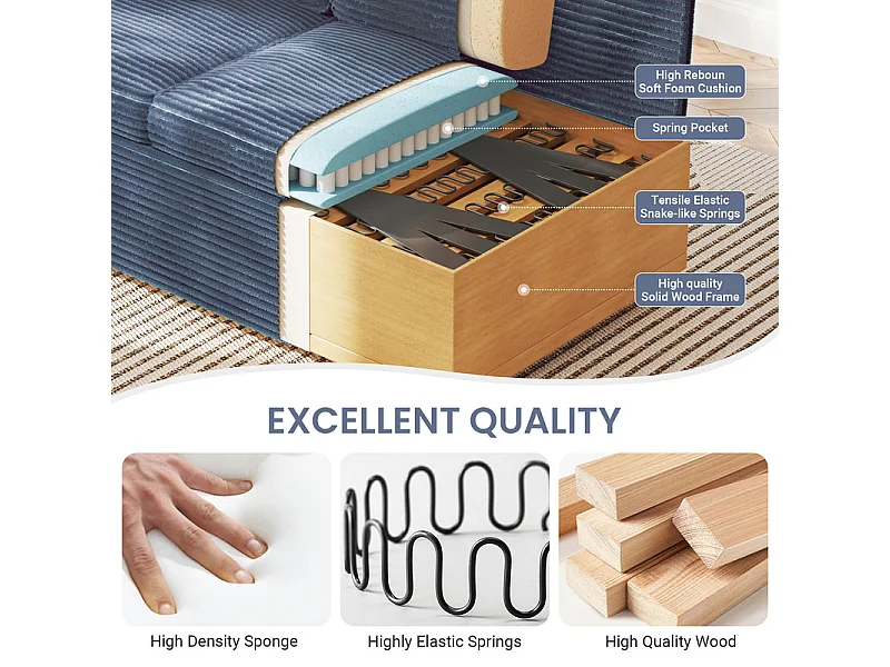 Canapé droit 2 places en Velours Côtelé Bleu - avec accoudoirs de rangement - 180x74x84cm