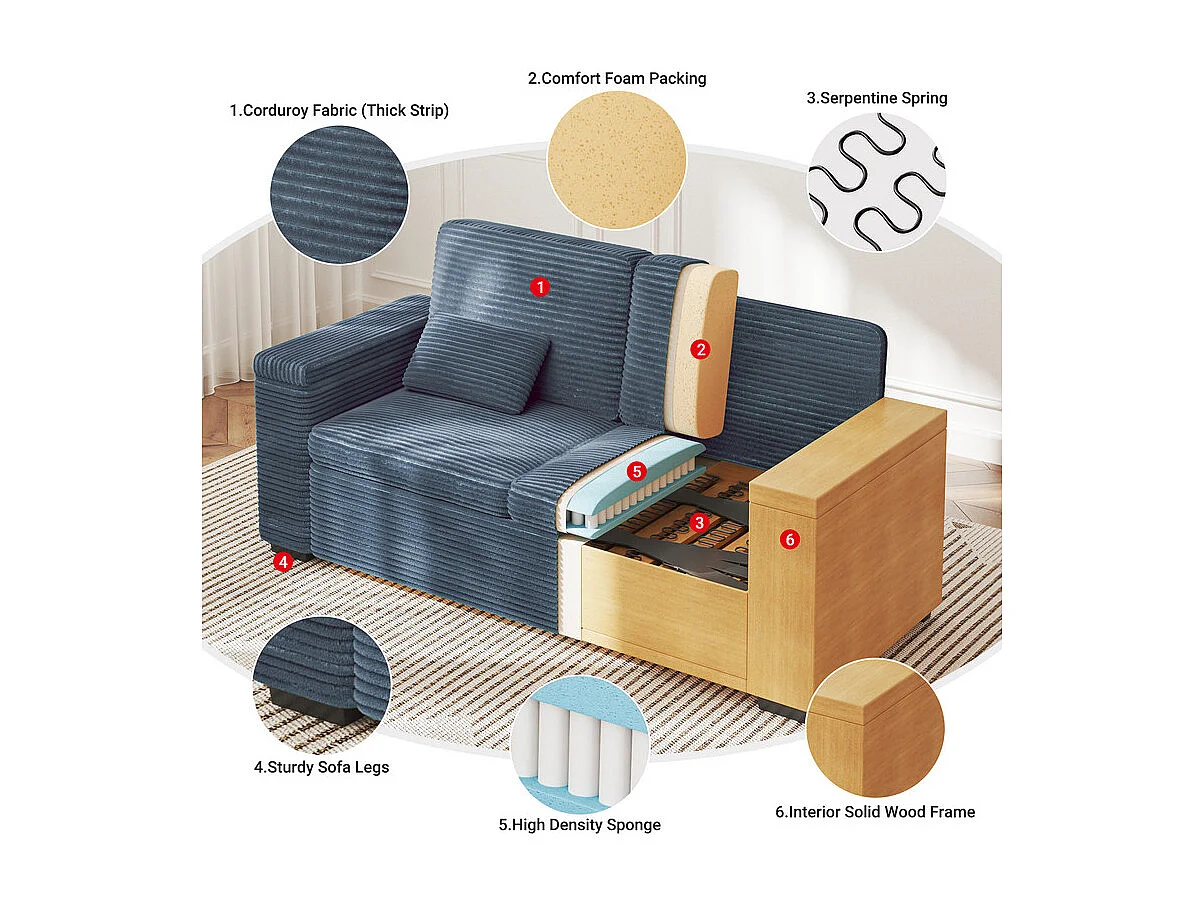 Canapé droit 2 places en Velours Côtelé Bleu - avec accoudoirs de rangement - 180x74x84cm