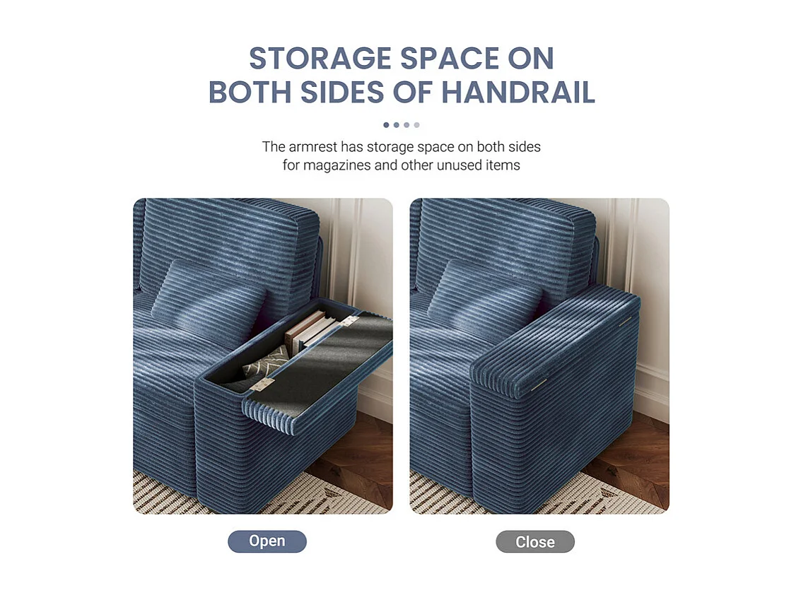 Canapé droit 2 places en Velours Côtelé Bleu - avec accoudoirs de rangement - 180x74x84cm