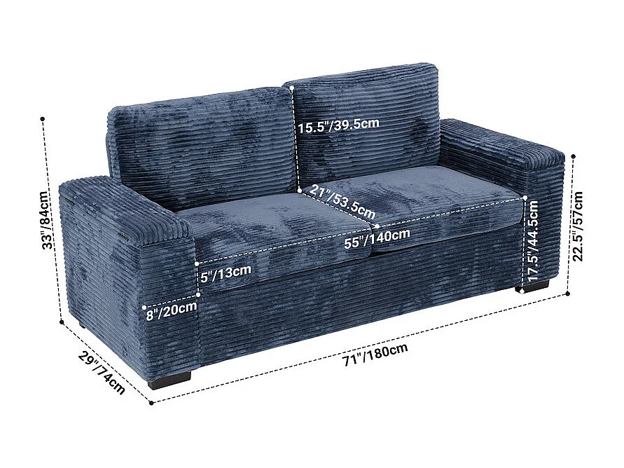 Rechte 2-zits bank in geribbel fluweel Blauw - met opbergbare armleuningen - 180x74x84cm