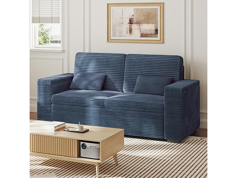 Rechte 2-zits bank in geribbel fluweel Blauw - met opbergbare armleuningen - 180x74x84cm