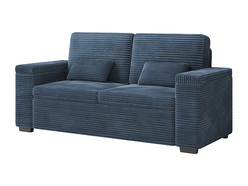 Rechte 2-zits bank in geribbel fluweel Blauw - met opbergbare armleuningen - 180x74x84cm