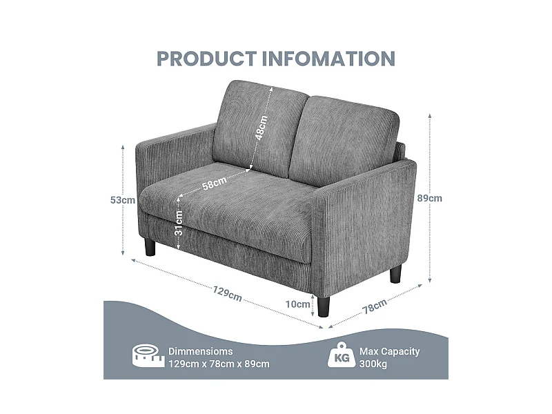 Canapé 2 places confort en velours côtelé Gris - 58cm assise profonde - charge max 300kg - 129x78x89cm
