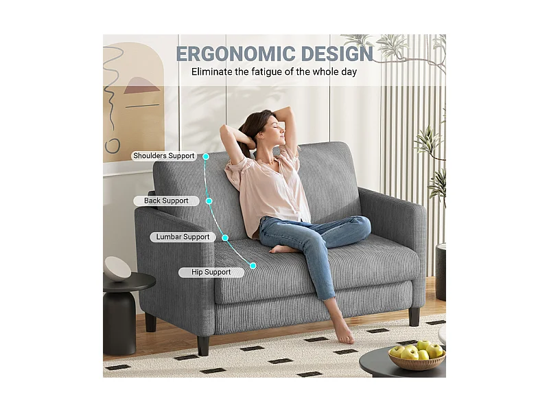 Canapé 2 places confort en velours côtelé Gris - 58cm assise profonde - charge max 300kg - 129x78x89cm