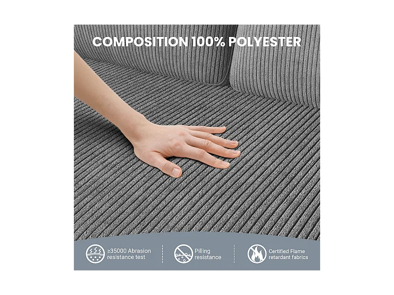 Canapé 2 places confort en velours côtelé Gris - 58cm assise profonde - charge max 300kg - 129x78x89cm