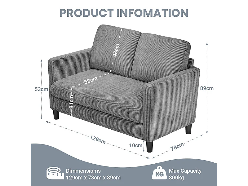 2-zits comfortabele bank in geribbel fluweel Grijs - 58cm zitdiepte - max. belasting 300kg - 129x78x89cm