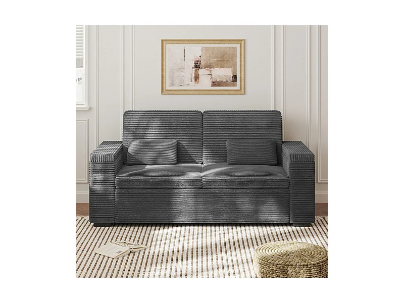 Sofá recto de 2 plazas en terciopelo acanalado Gris - con reposabrazos de almacenamiento - 180x74x84cm