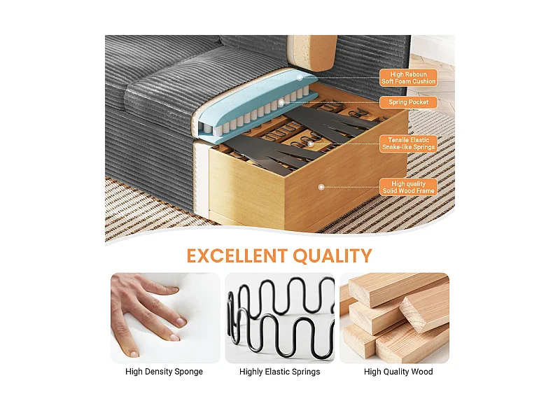 Sofá recto de 2 plazas en terciopelo acanalado Gris - con reposabrazos de almacenamiento - 180x74x84cm