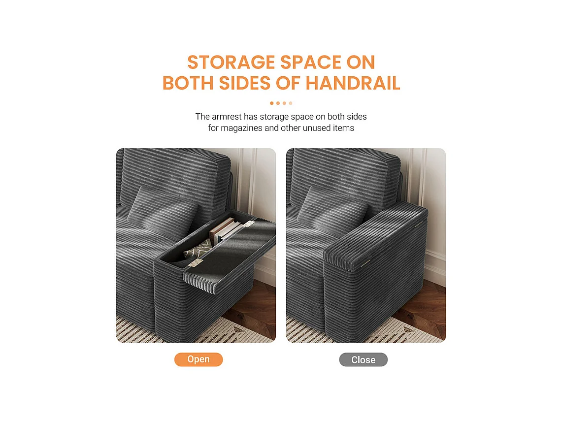 Sofá recto de 2 plazas en terciopelo acanalado Gris - con reposabrazos de almacenamiento - 180x74x84cm