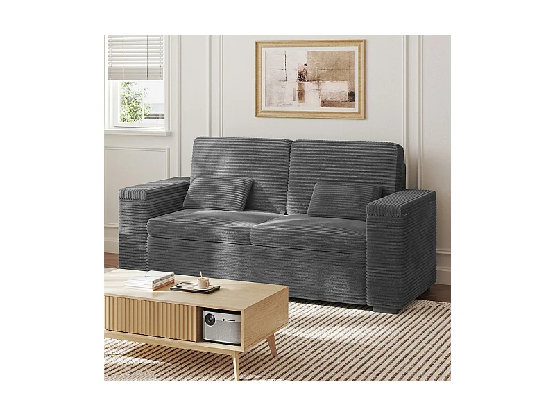 Canapé droit 2 places en Velours Côtelé Gris - avec accoudoirs de rangement - 180x74x84cm