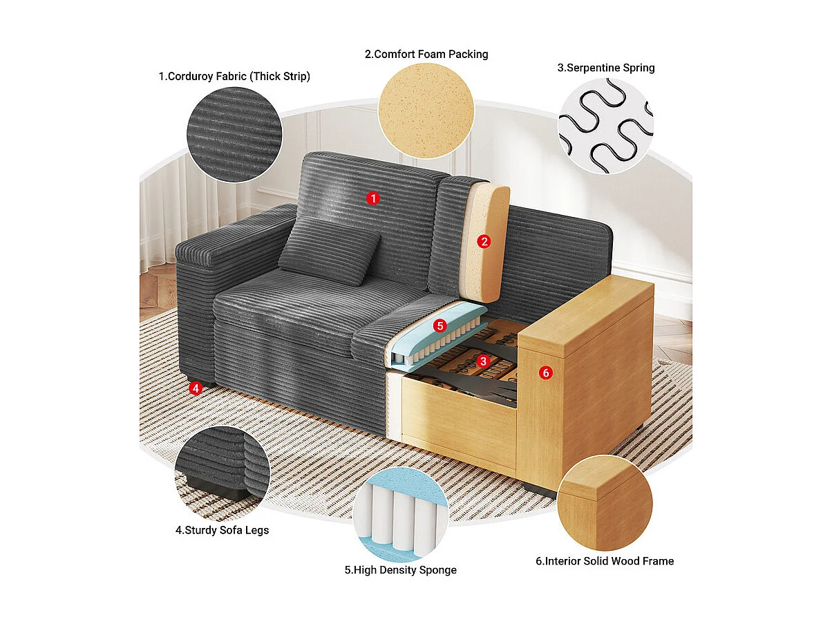 Canapé droit 2 places en Velours Côtelé Gris - avec accoudoirs de rangement - 180x74x84cm