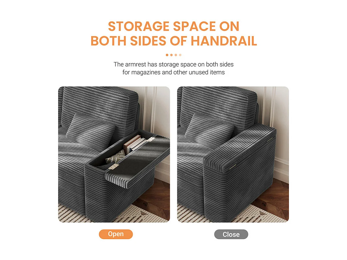 Canapé droit 2 places en Velours Côtelé Gris - avec accoudoirs de rangement - 180x74x84cm