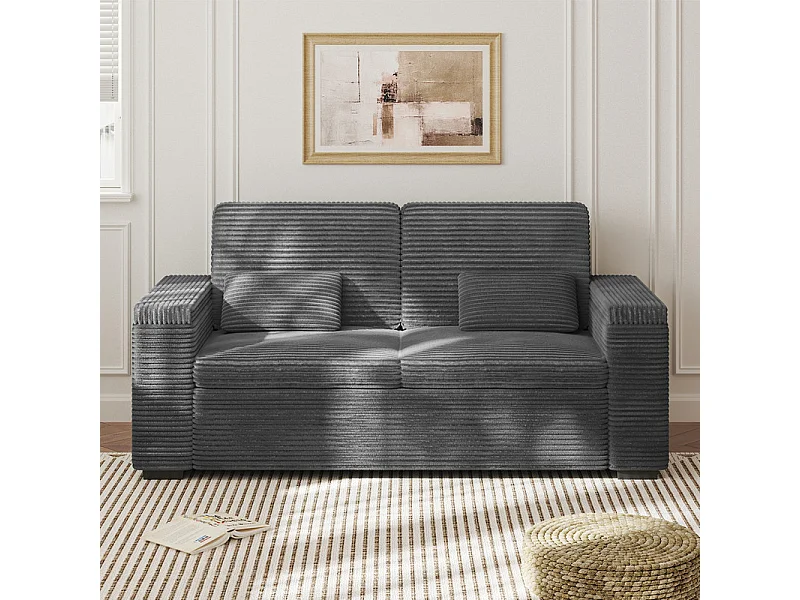 Sofá reto de 2 lugares em veludo canelado Cinza - com braços de armazenamento - 180x74x84cm