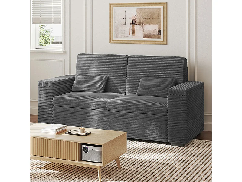 Rechte 2-zits bank in geribbel fluweel Grijs - met opbergbare armleuningen - 180x74x84cm