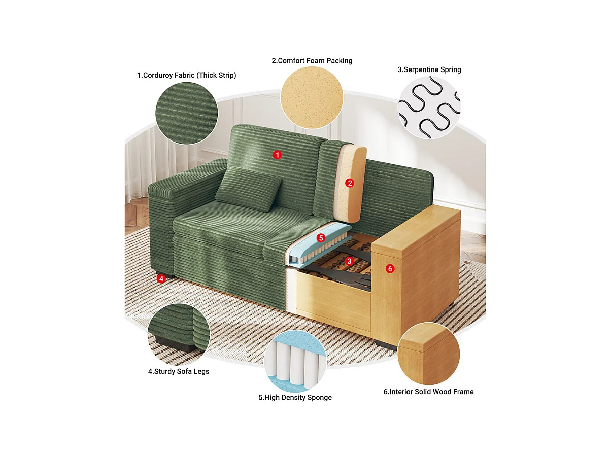 Gerades 2-Sitzer Sofa in Rippensamt Grün - mit Stauraum-Armlehnen - 180x74x84cm