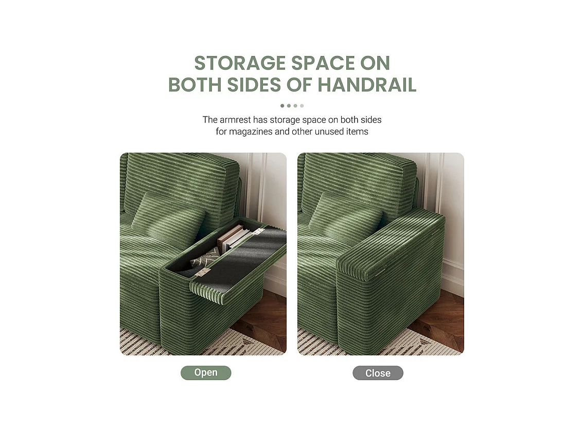 Gerades 2-Sitzer Sofa in Rippensamt Grün - mit Stauraum-Armlehnen - 180x74x84cm