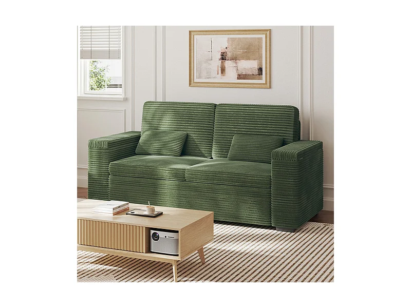 Canapé droit 2 places en Velours Côtelé Vert - avec accoudoirs de rangement - 180x74x84cm