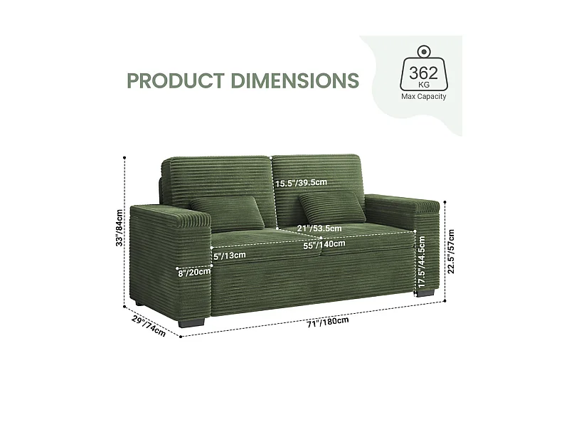 Canapé droit 2 places en Velours Côtelé Vert - avec accoudoirs de rangement - 180x74x84cm