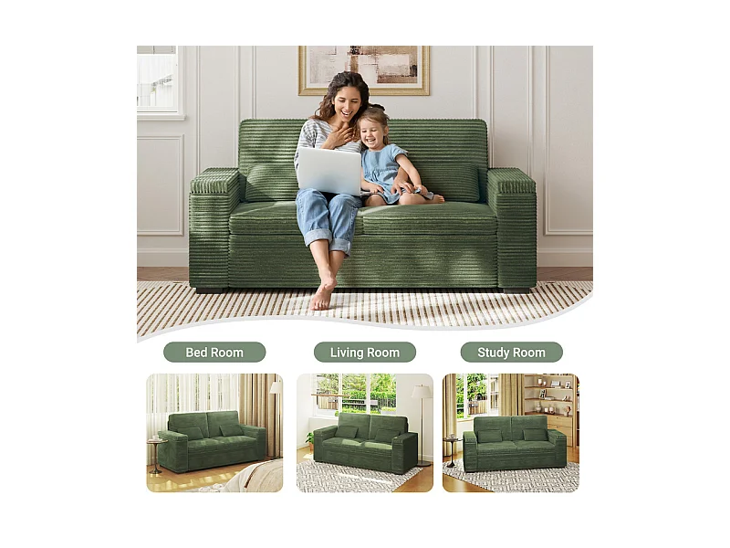 Canapé droit 2 places en Velours Côtelé Vert - avec accoudoirs de rangement - 180x74x84cm