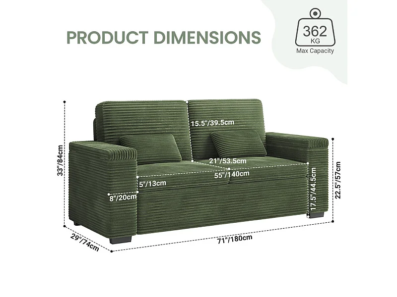 Canapé droit 2 places en Velours Côtelé Vert - avec accoudoirs de rangement - 180x74x84cm