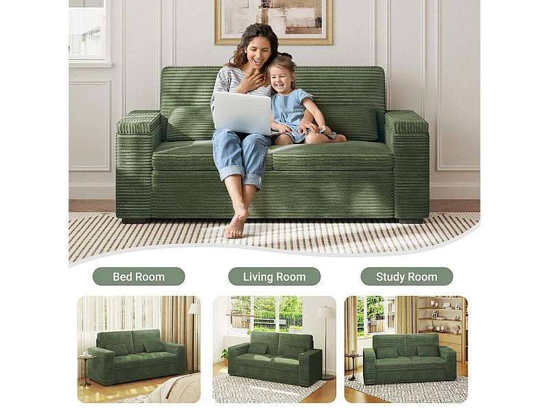 Canapé droit 2 places en Velours Côtelé Vert - avec accoudoirs de rangement - 180x74x84cm