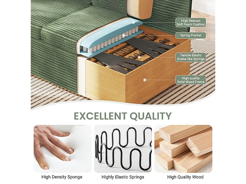 Canapé droit 2 places en Velours Côtelé Vert - avec accoudoirs de rangement - 180x74x84cm