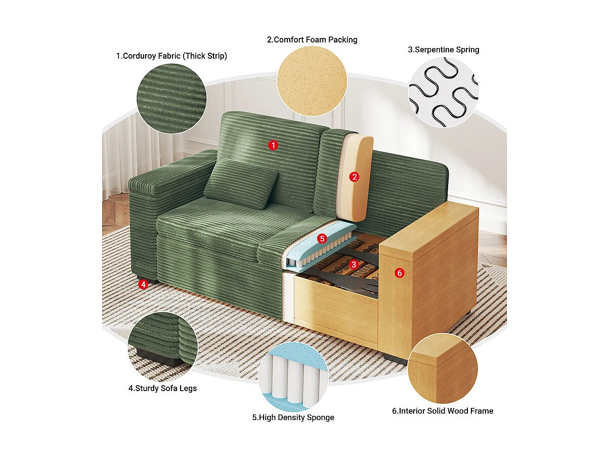 Canapé droit 2 places en Velours Côtelé Vert - avec accoudoirs de rangement - 180x74x84cm