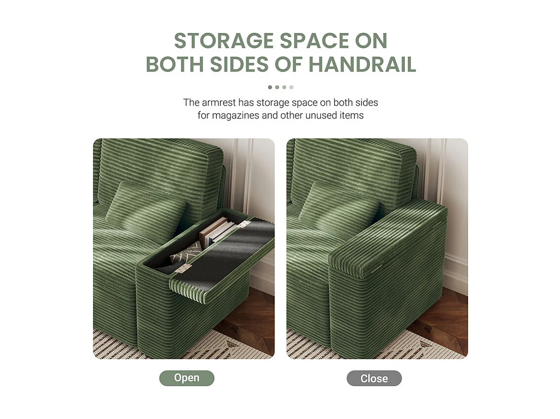 Canapé droit 2 places en Velours Côtelé Vert - avec accoudoirs de rangement - 180x74x84cm