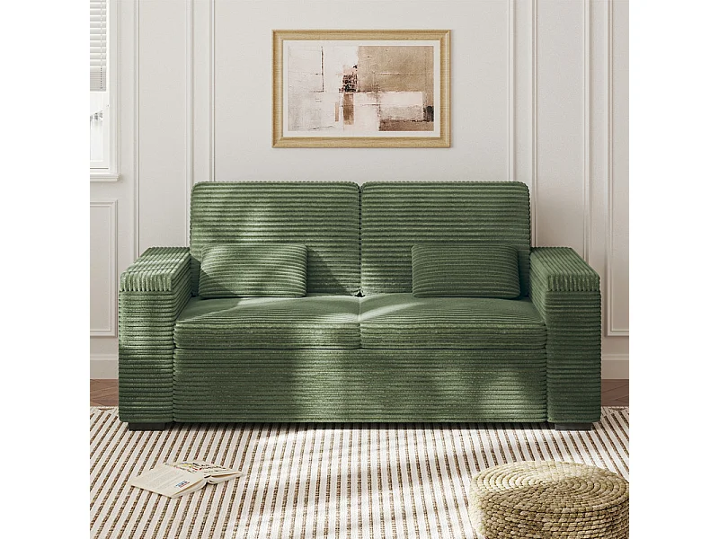 Rechte 2-zits bank in geribbel fluweel Groen - met opbergbare armleuningen - 180x74x84cm
